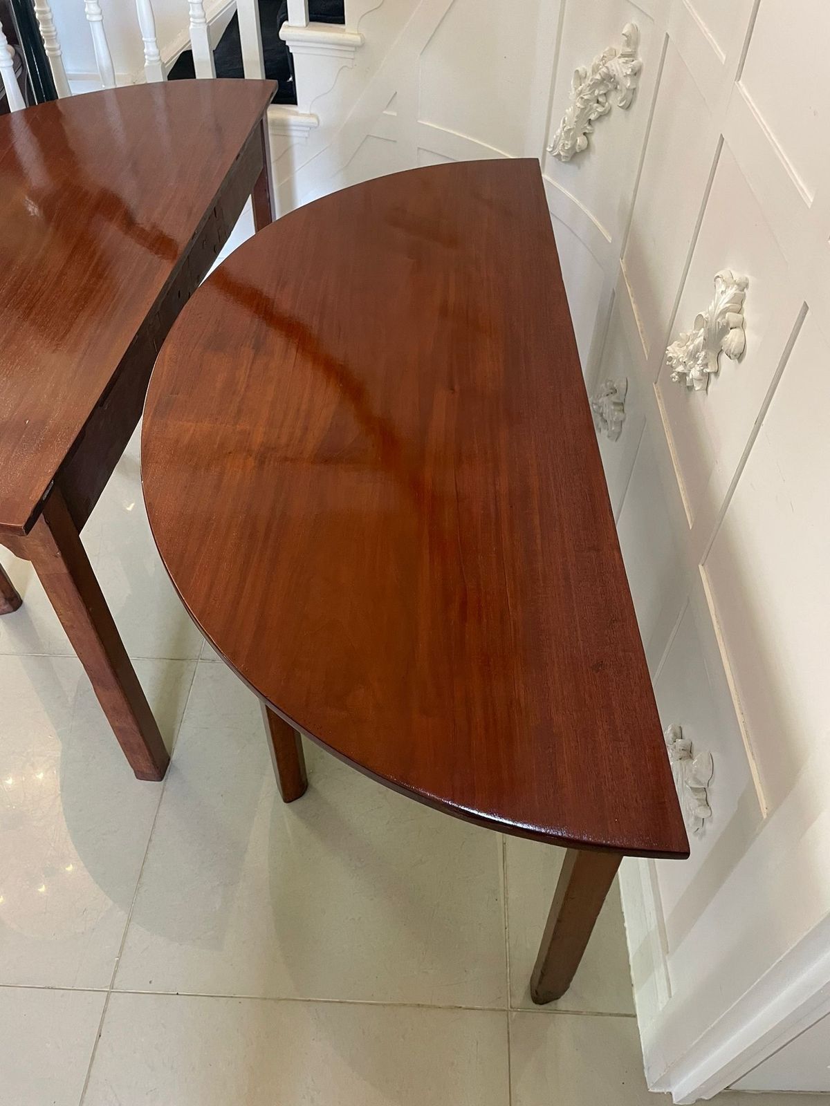 Large Pair Of Antique 19th Century Quality Figured Mahogany Demi Lune Shaped Tables photo 2750.0