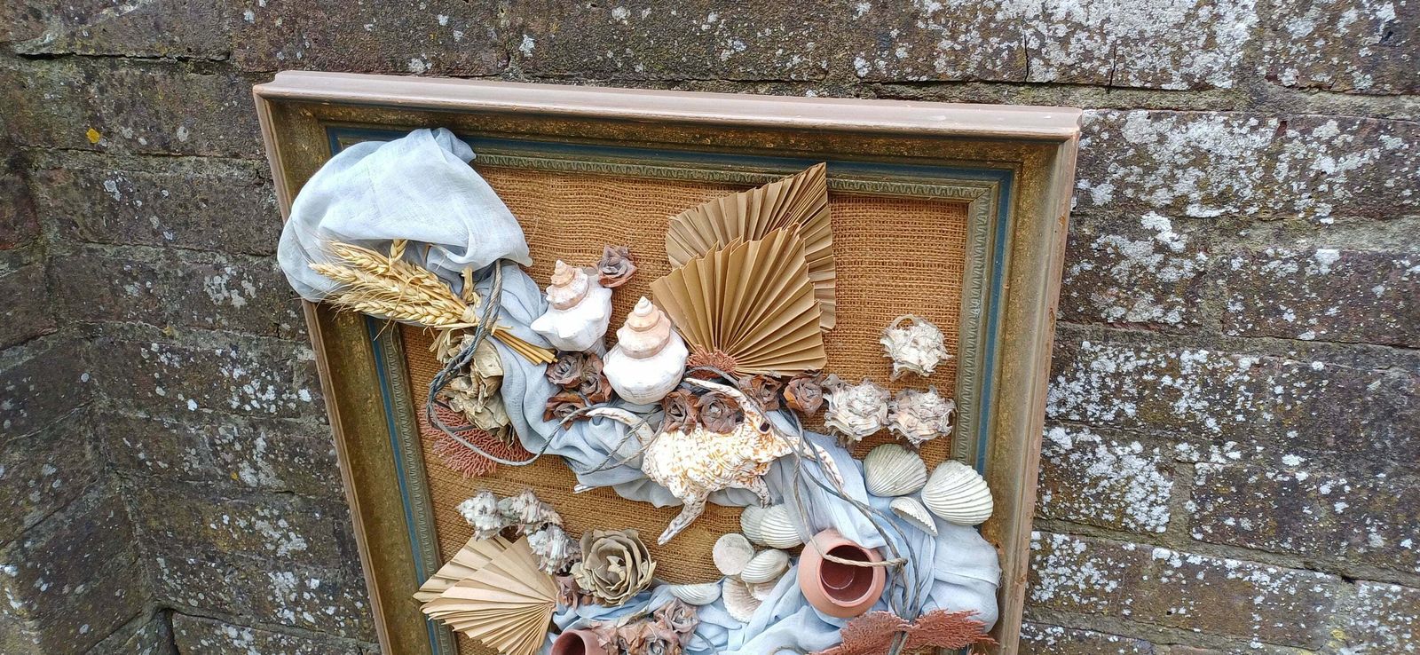 Stunning Piece Of 3d Craft/ Collage   Real Shells, Coral, Material, Plants All Displayed On A Hessian Backing In A Upcycled Vintage Frame photo vinterior
