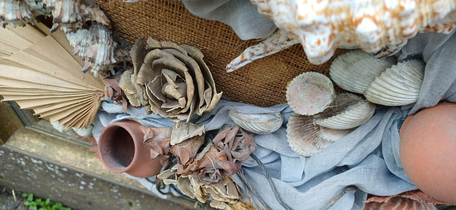 Stunning Piece Of 3d Craft/ Collage   Real Shells, Coral, Material, Plants All Displayed On A Hessian Backing In A Upcycled Vintage Frame photo vintage