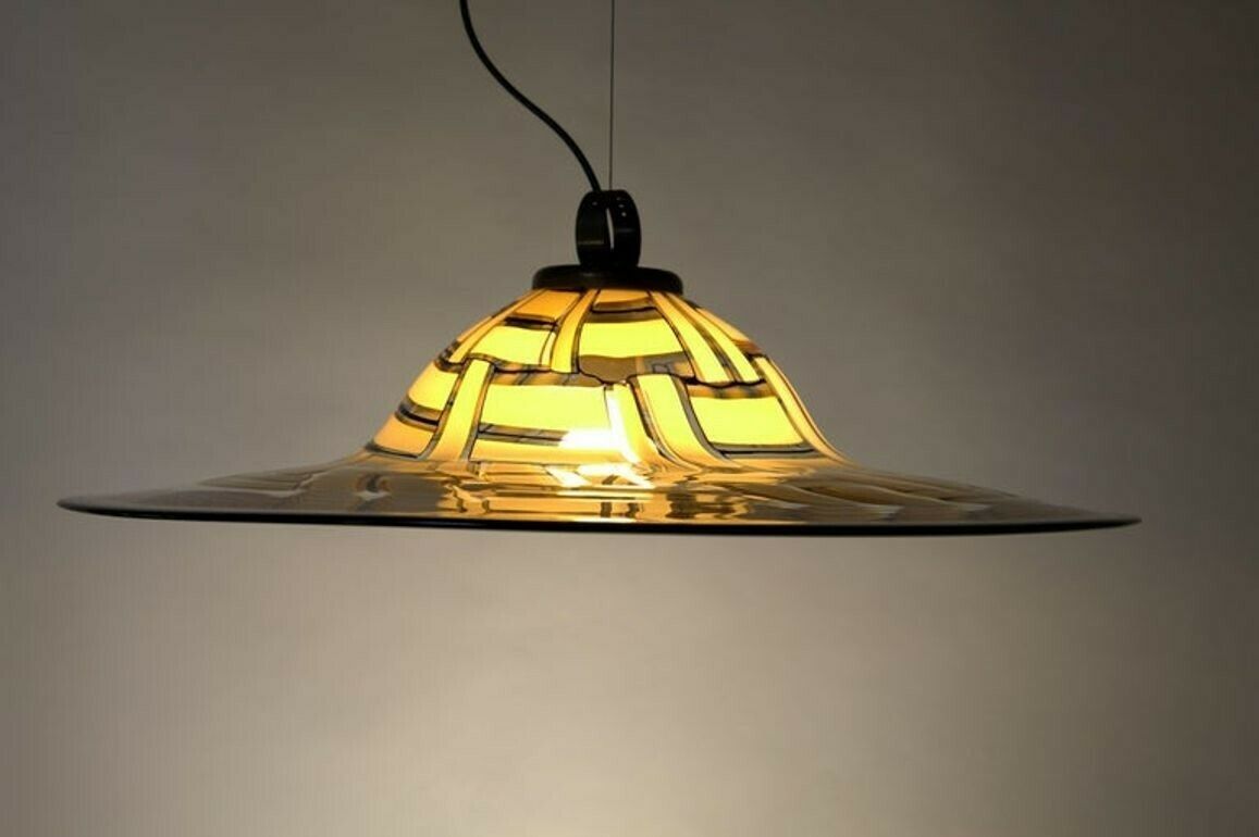 Barovier & Toso Large Tessere Ambra Suspension Clear Incalmo Black Bead Murano photo vinterior