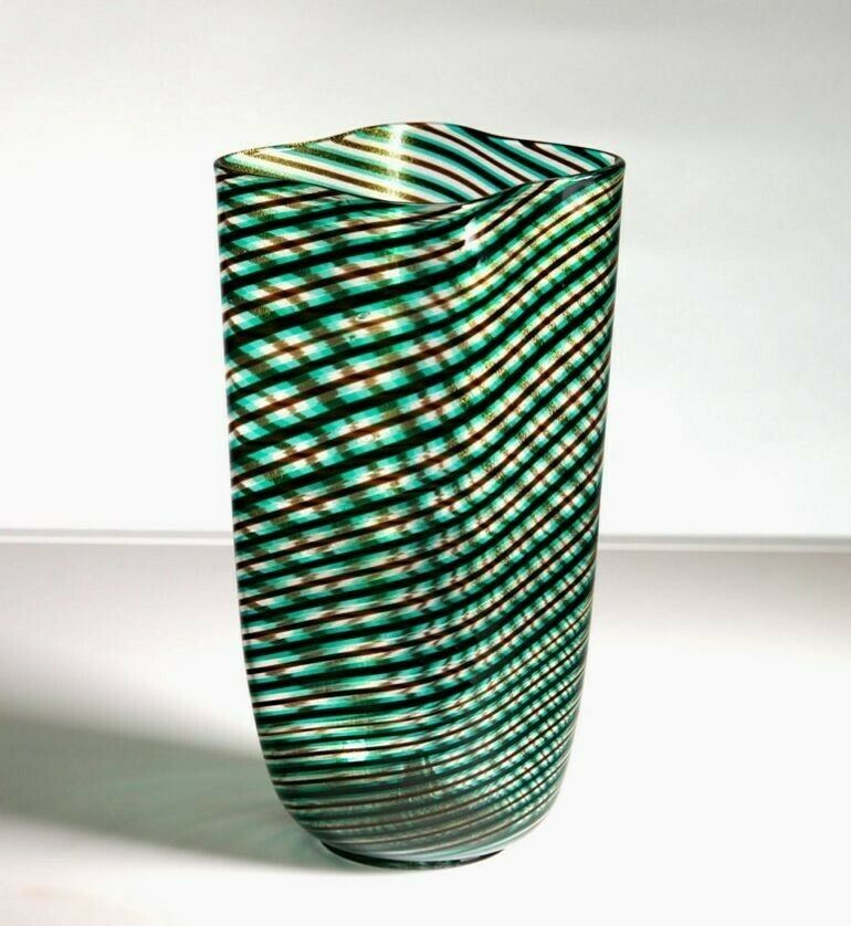 Murano Glass Mezza Filgrana, Green Amethyst Clear With Gold Leaf, Cenedese Attr photo vinterior
