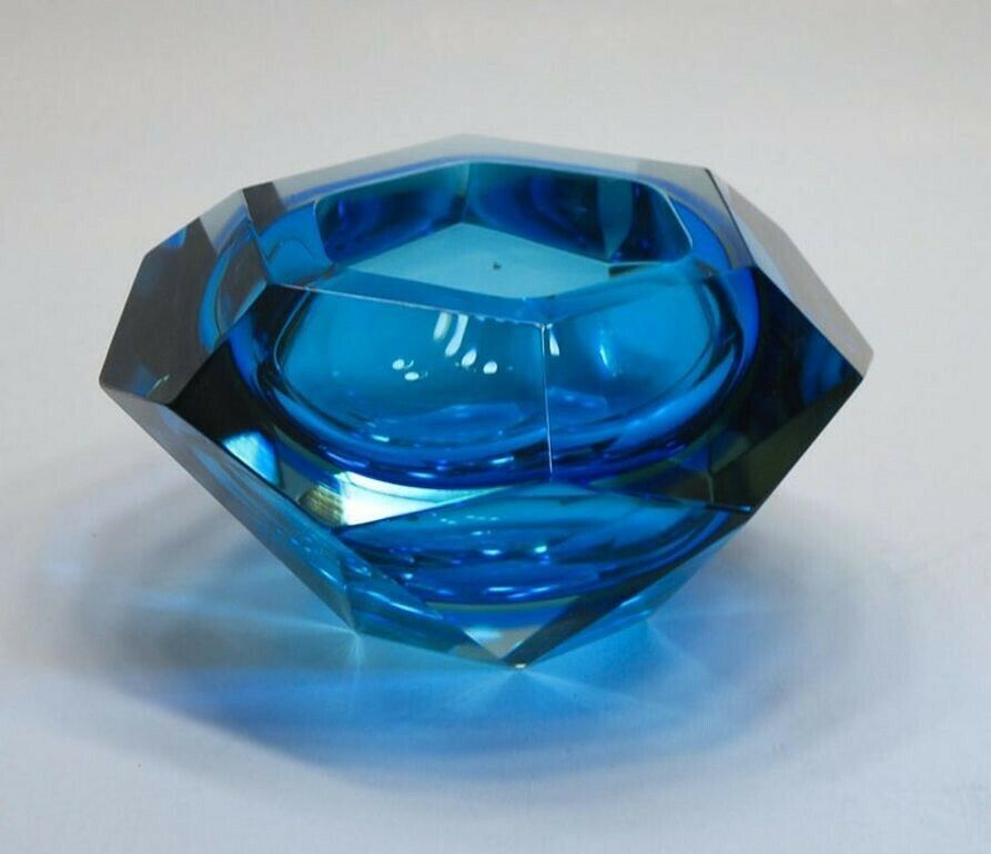 Flavio Poli Seguso Va Sommerso Faceted Bowl Clear Cobalt Uranium Yellow, 1960s photo Home Decor