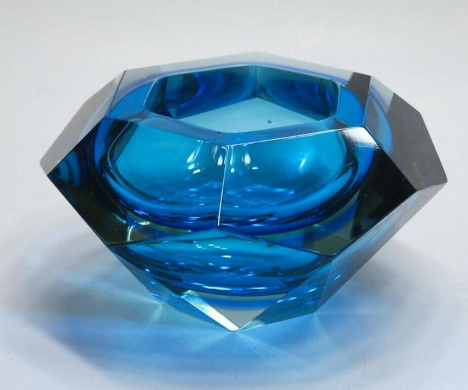 Flavio Poli Seguso Va Sommerso Faceted Bowl Clear Cobalt Uranium Yellow, 1960s photo vinterior