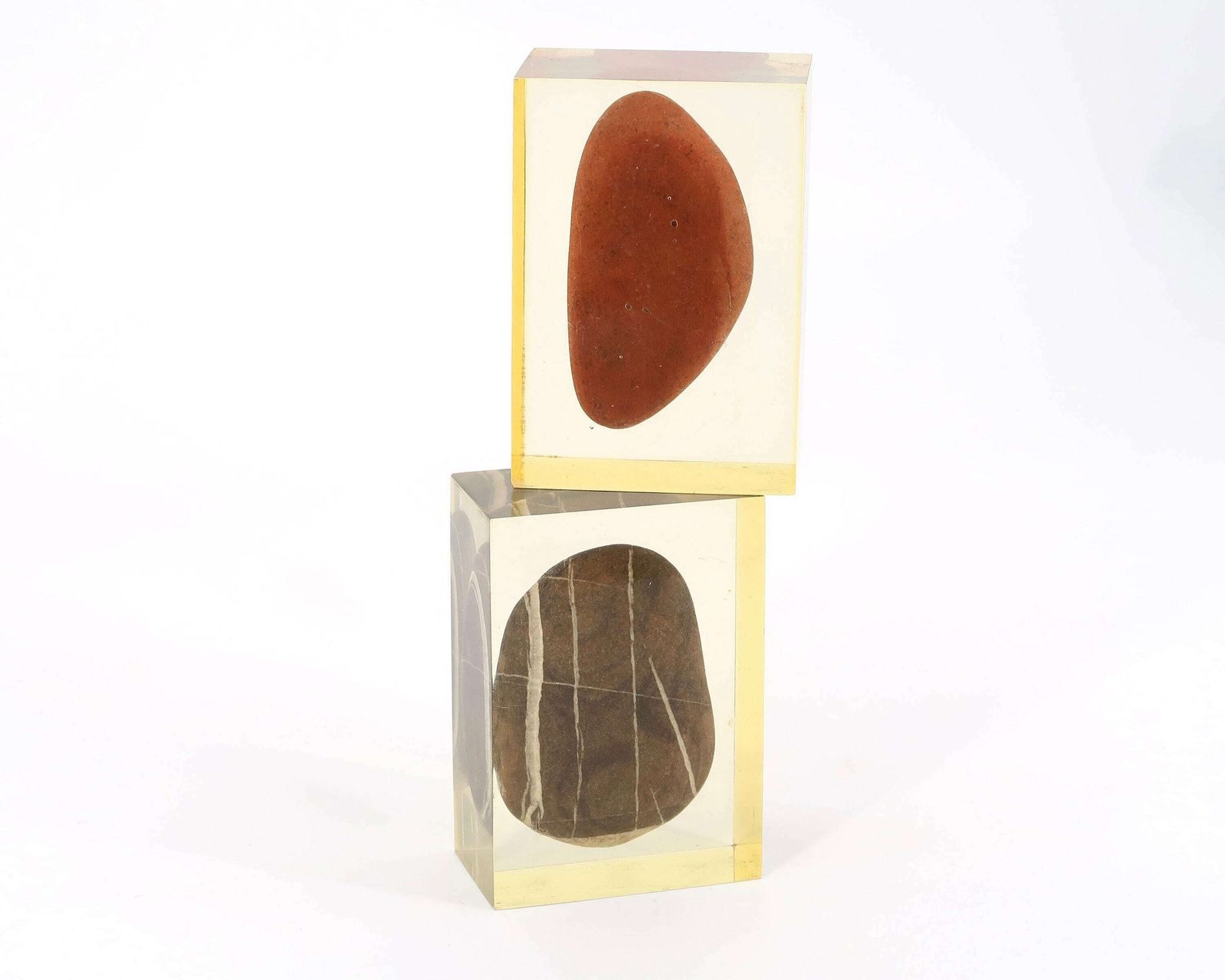 Pair Of French Resin Paperweights With Pebbles, Pierre Giraudon, 1970s / Boho Chic, Folk, Bohemian, Sculpture, Cabinet Of Curiosities photo for sale