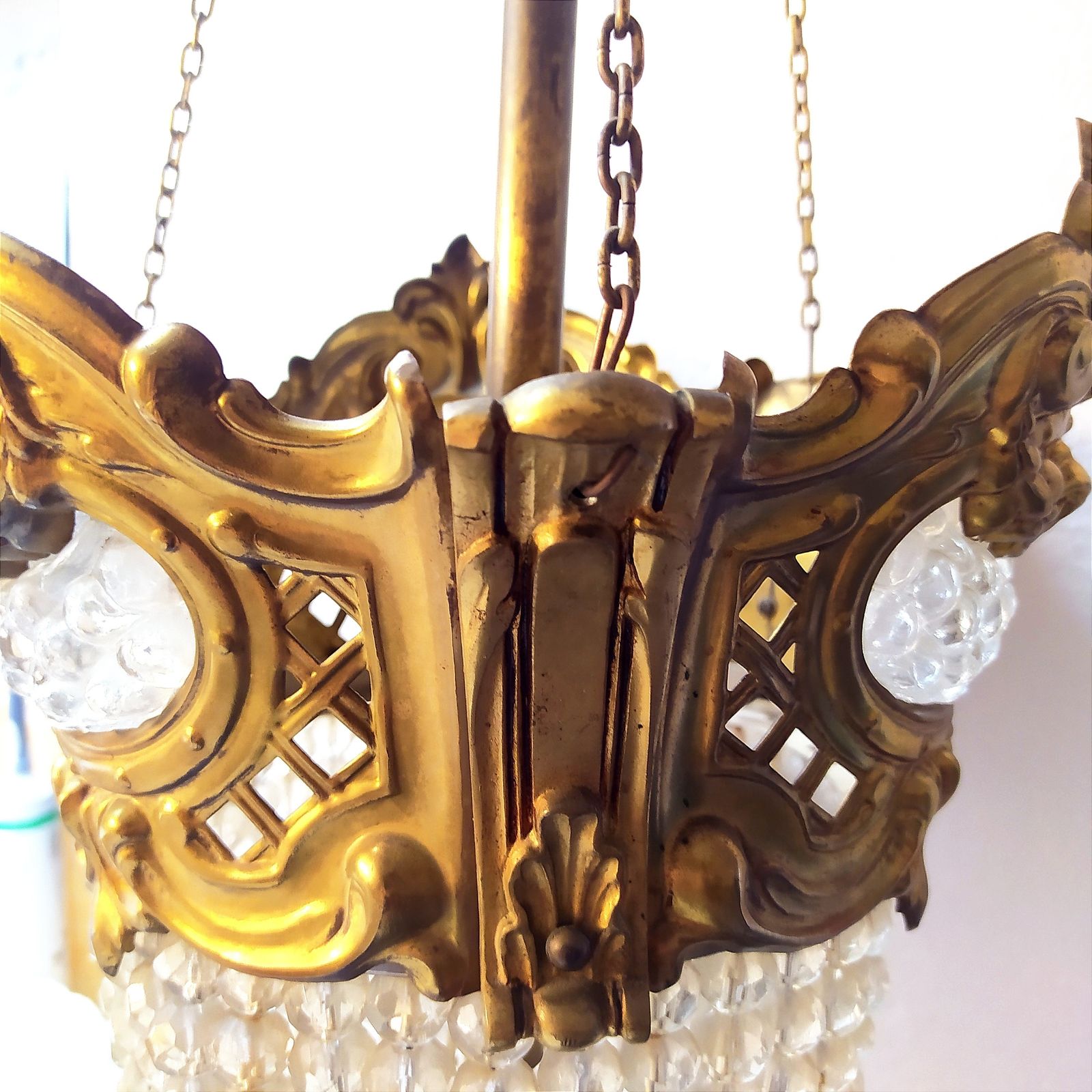Early 1900's Art Nouveau Brass And Crystal Bead Pendant Light. photo furniture