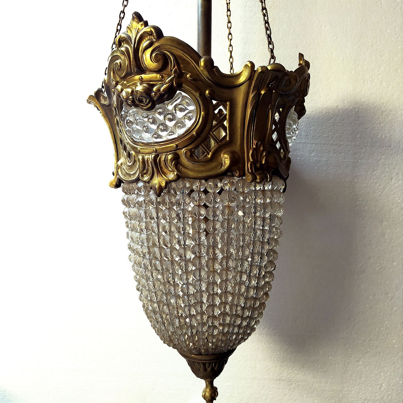 Early 1900's Art Nouveau Brass And Crystal Bead Pendant Light. photo Lighting