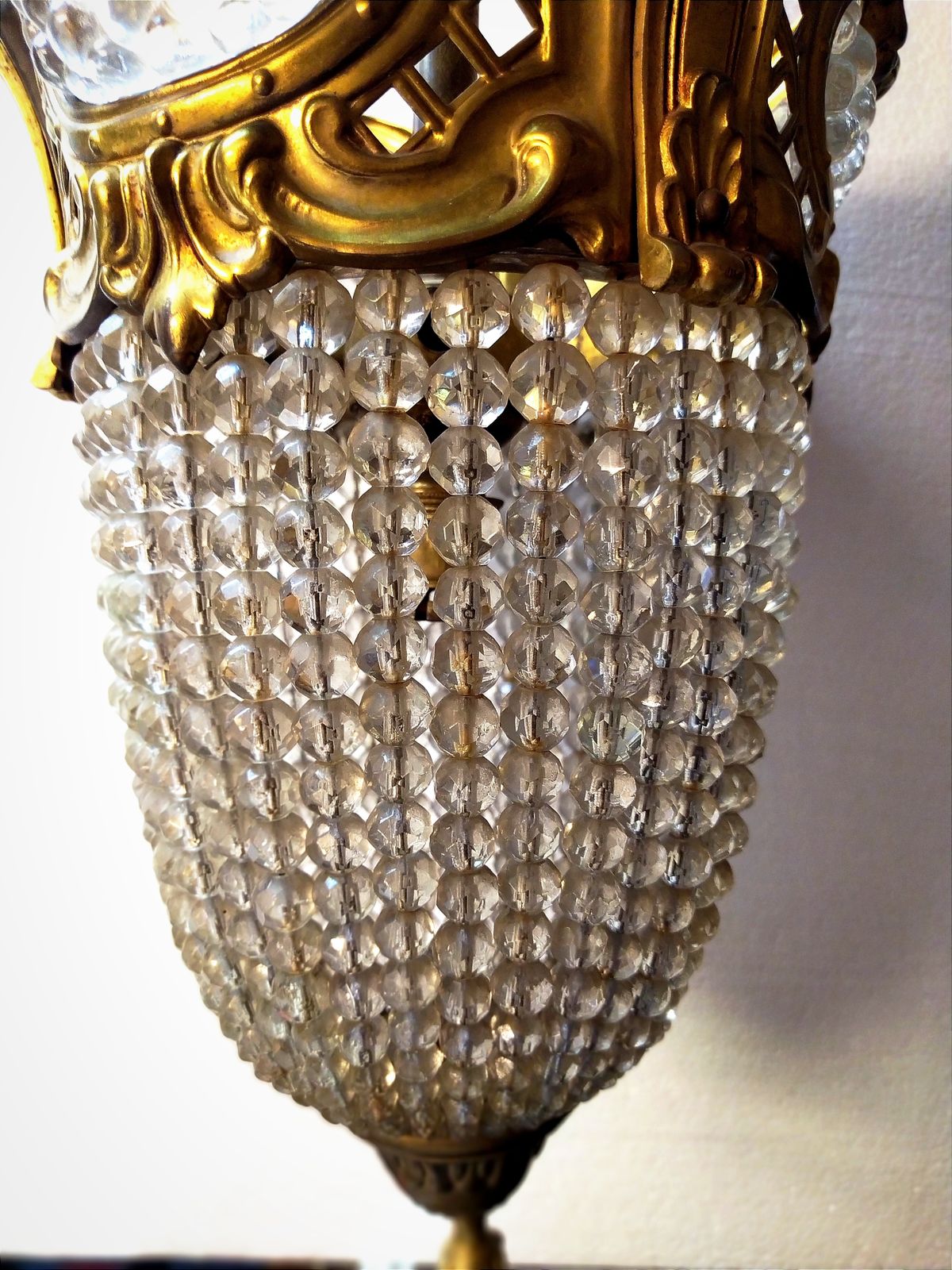 Early 1900's Art Nouveau Brass And Crystal Bead Pendant Light. photo buy