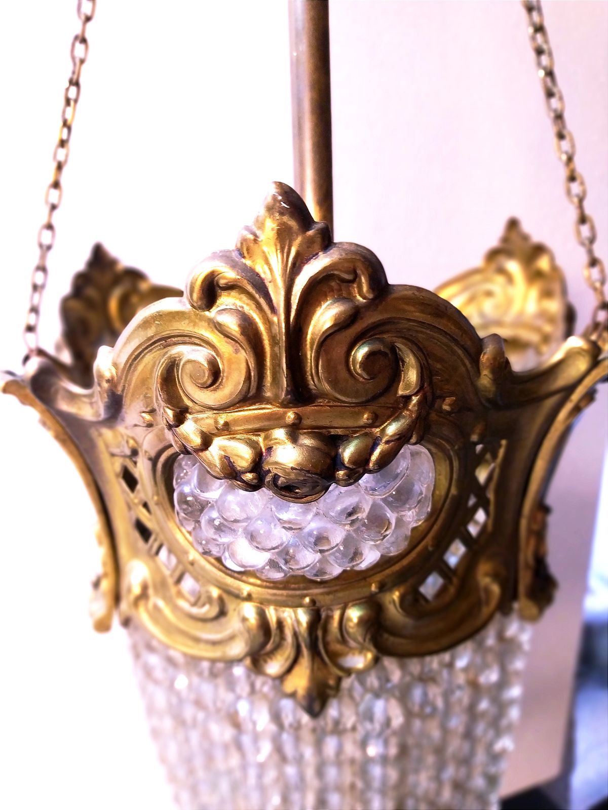 Early 1900's Art Nouveau Brass And Crystal Bead Pendant Light. photo vintage