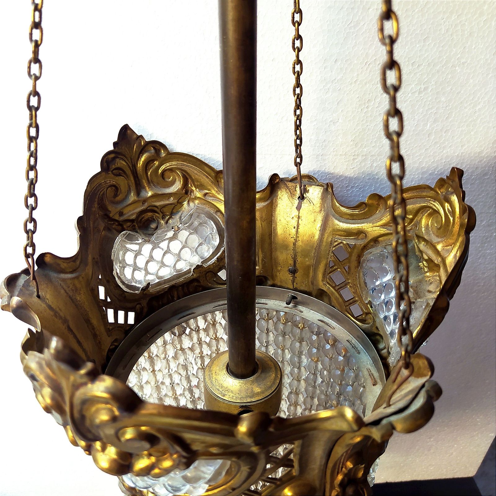 photo for sale Early 1900's Art Nouveau Brass And Crystal Bead Pendant Light.