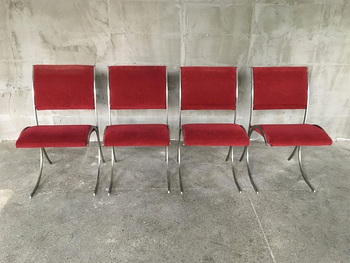 Set Of 4 Vintage Red Velour & Chrome Dining Chairs From Maison Jansen photo furniture
