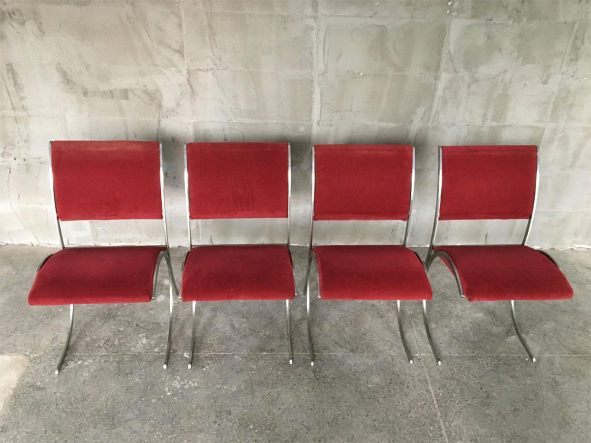 Set Of 4 Vintage Red Velour & Chrome Dining Chairs From Maison Jansen photo for sale