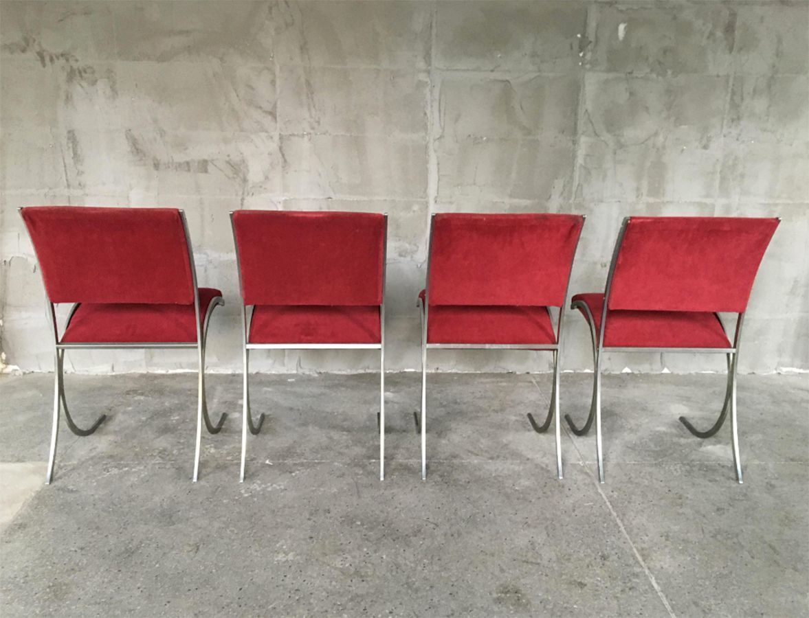 Set Of 4 Vintage Red Velour & Chrome Dining Chairs From Maison Jansen photo 2581.0