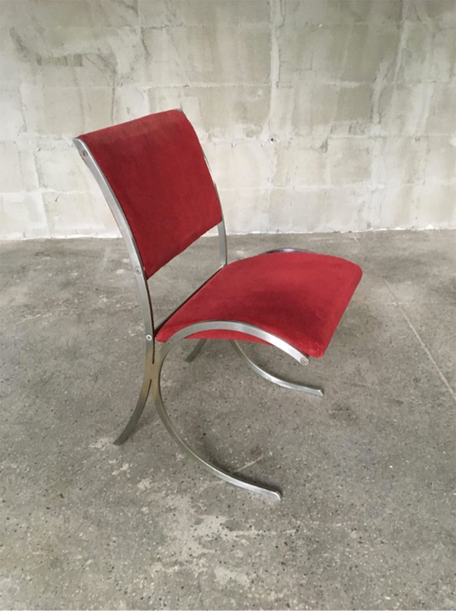 Furniture Set Of 4 Vintage Red Velour & Chrome Dining Chairs From Maison Jansen photo