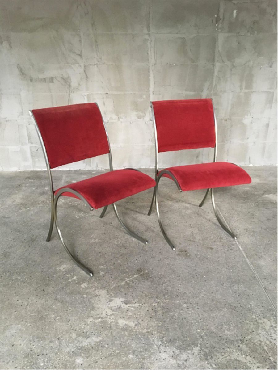 2581.0 Set Of 4 Vintage Red Velour & Chrome Dining Chairs From Maison Jansen photo
