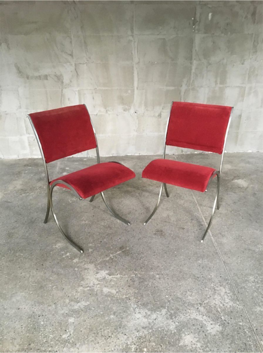 photo vinterior Set Of 4 Vintage Red Velour & Chrome Dining Chairs From Maison Jansen