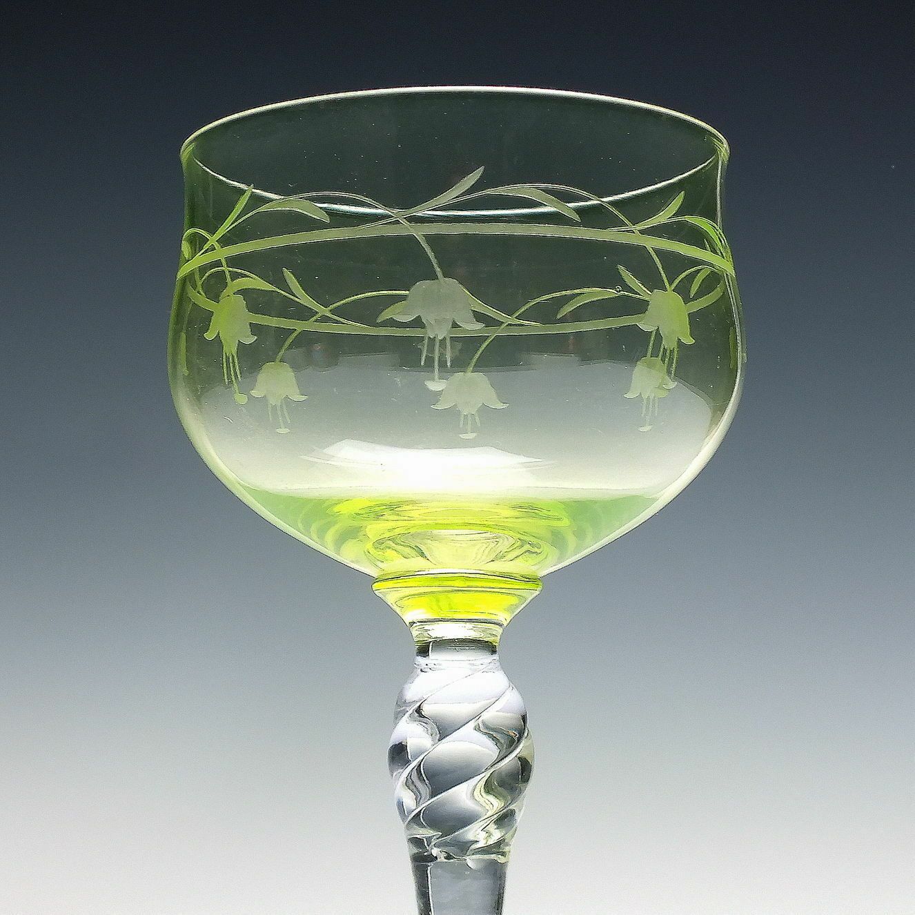 Pair Art Nouveau Vaseline Engraved Hock Glasses C1920 photo furniture