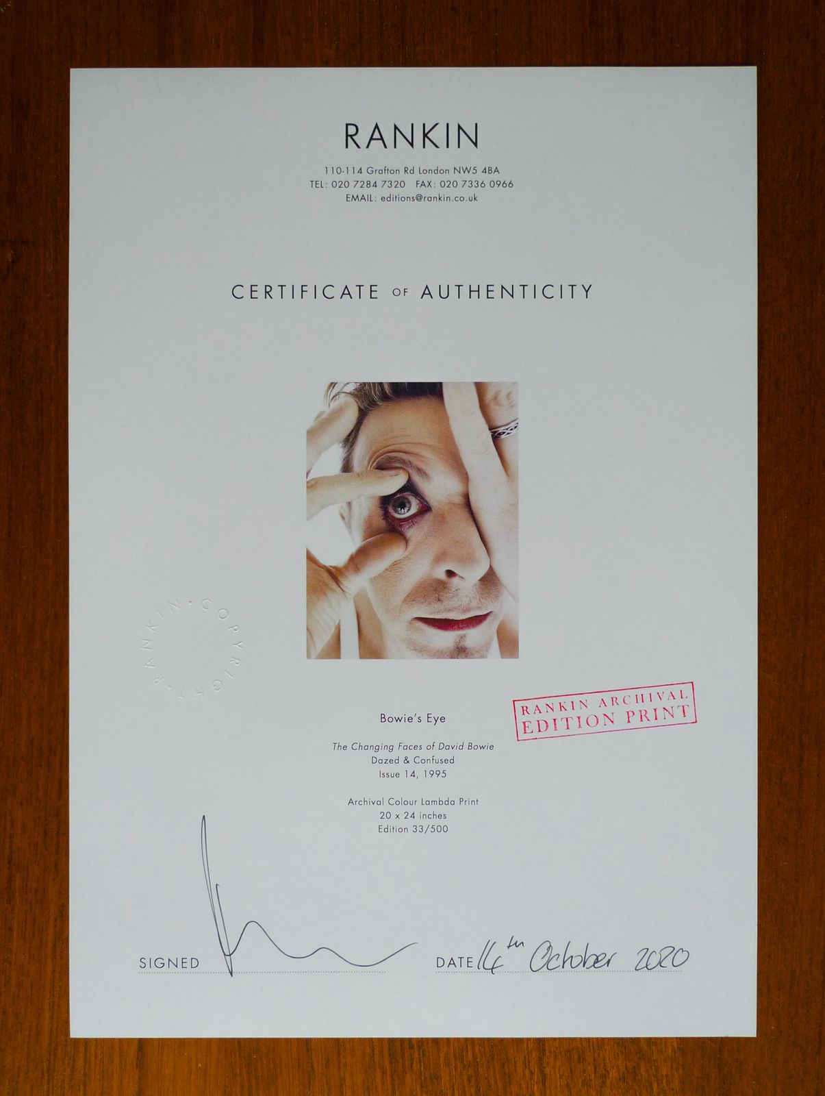Iconic Limited Edition Signed & Framed “Bowie’s Eye" Print By Rankin, Dazed & Confused 1995 photo buy