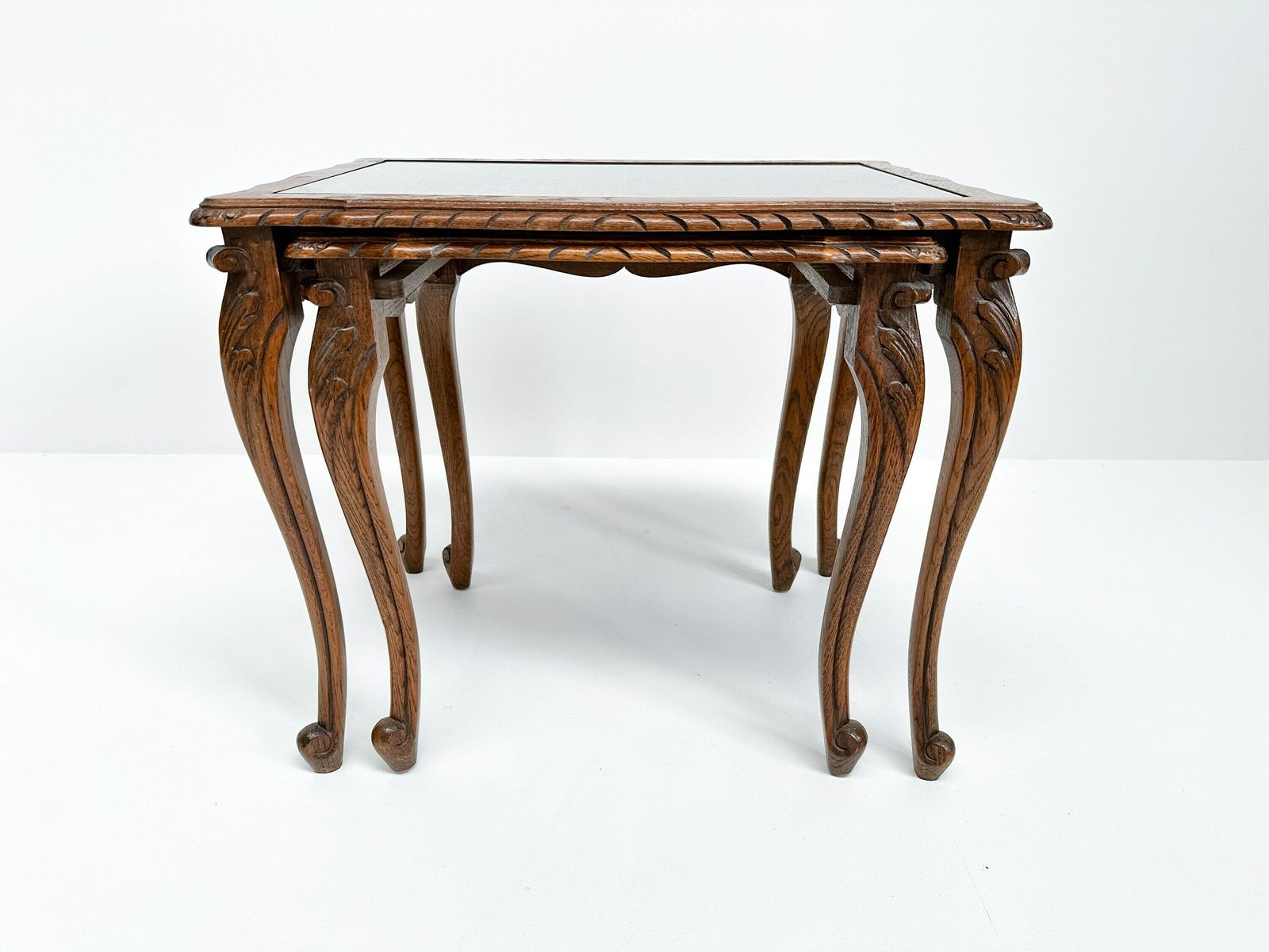 Vintage Set Of 2 Nesting Tables With Cane And Glass Top | Queen Anne Revival Style photo for sale