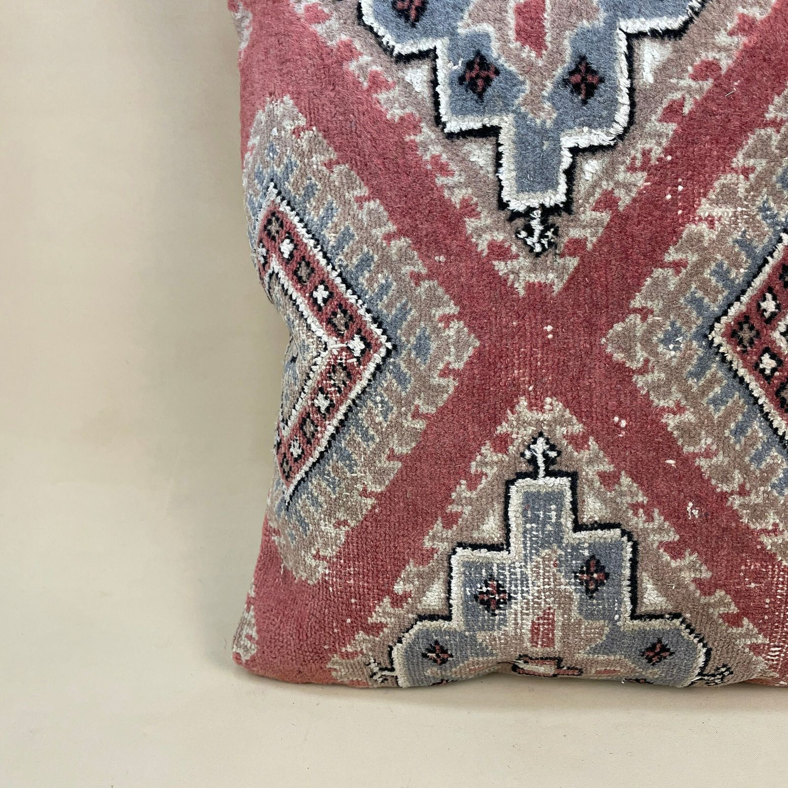 Antique Kilim Cushion Moroccan Rug Carpet Pillow Feather Filled Handwoven Patterned Red Blue 46x46cm Traditional Scatter Square Vintage photo Textiles