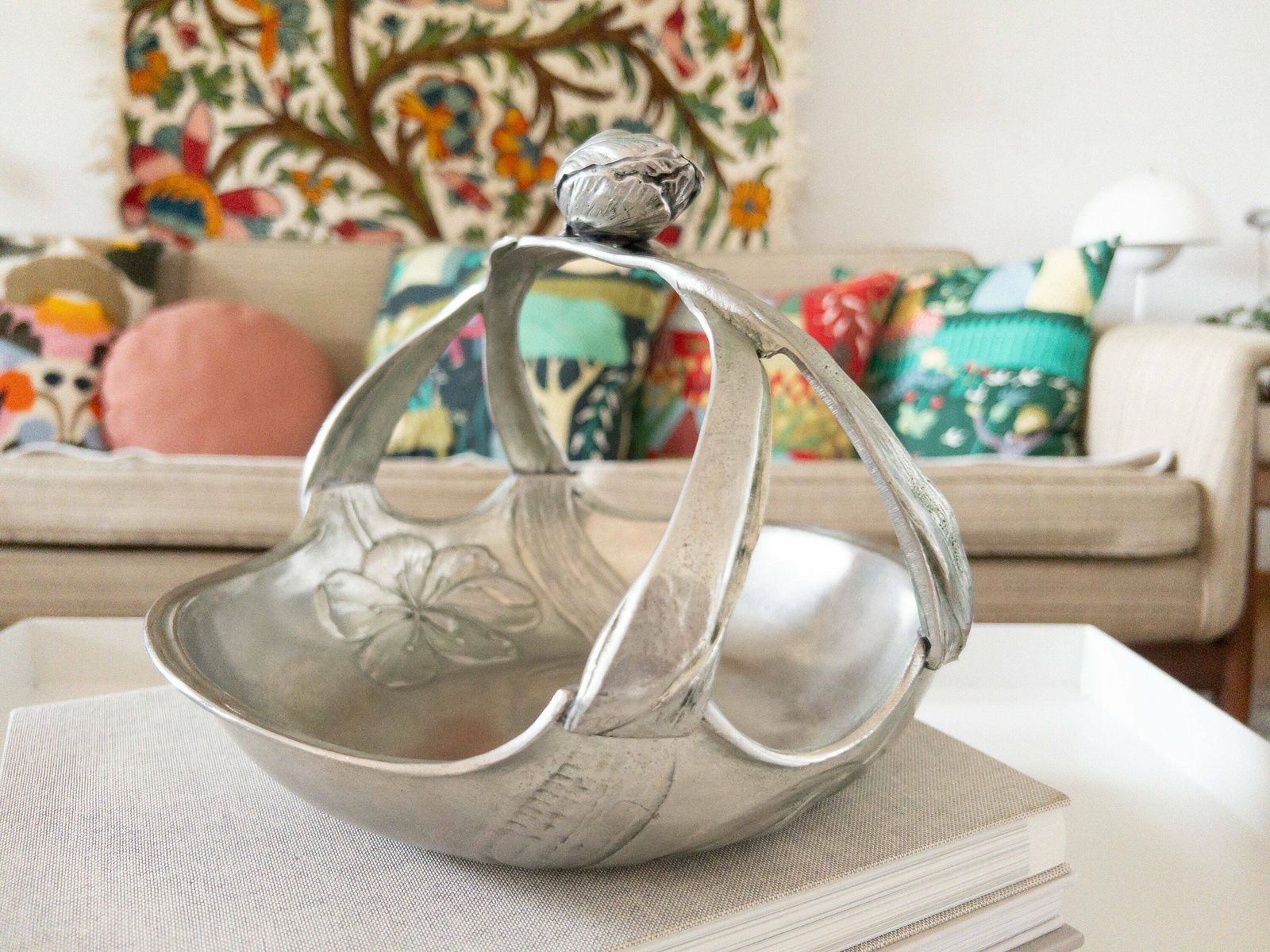 Floral Pewter Basket   Art Nouveau Pewter Centrepiece   Solid Heavy Pewter And Tin photo for sale