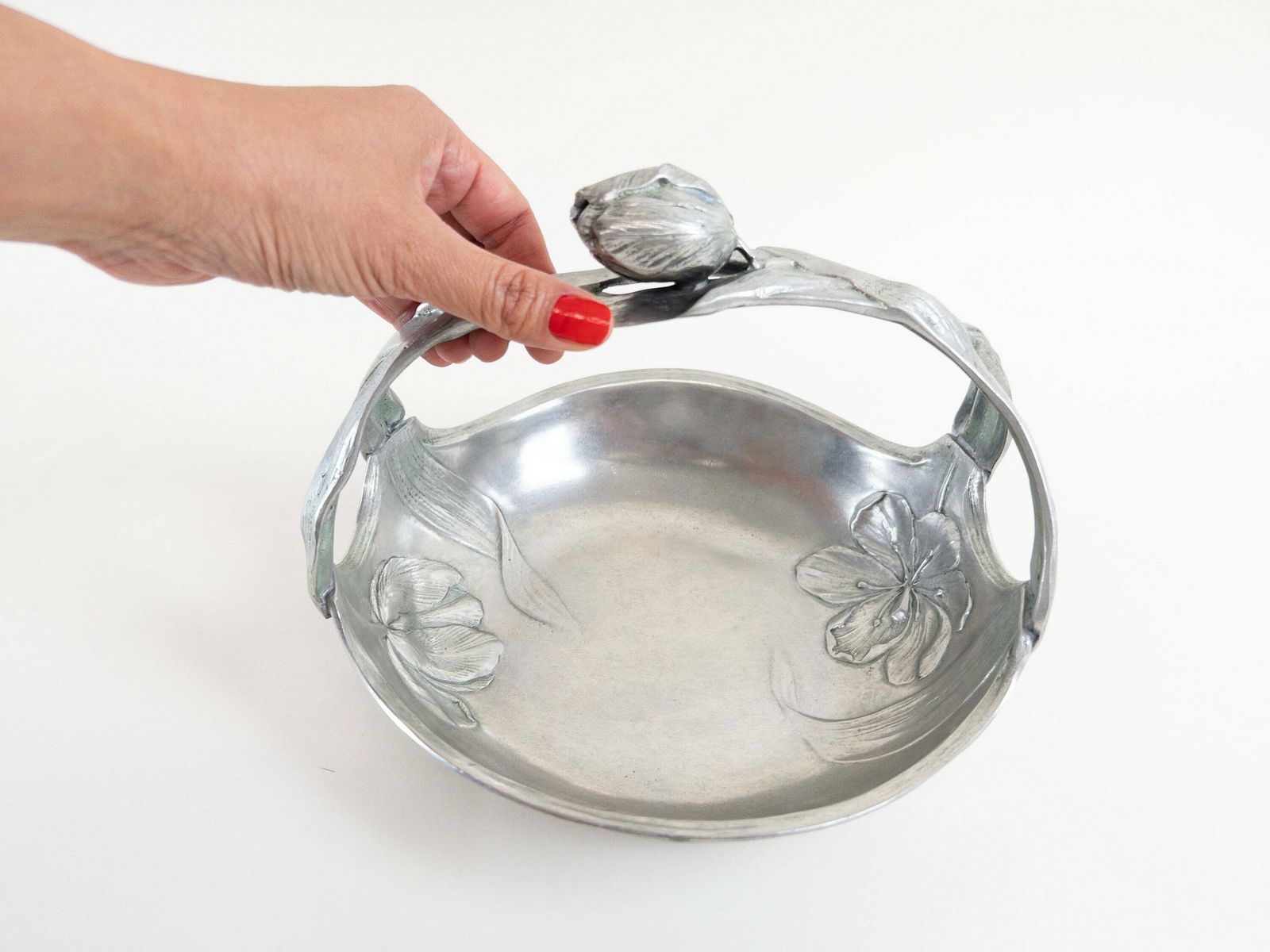 Floral Pewter Basket   Art Nouveau Pewter Centrepiece   Solid Heavy Pewter And Tin photo Home Decor