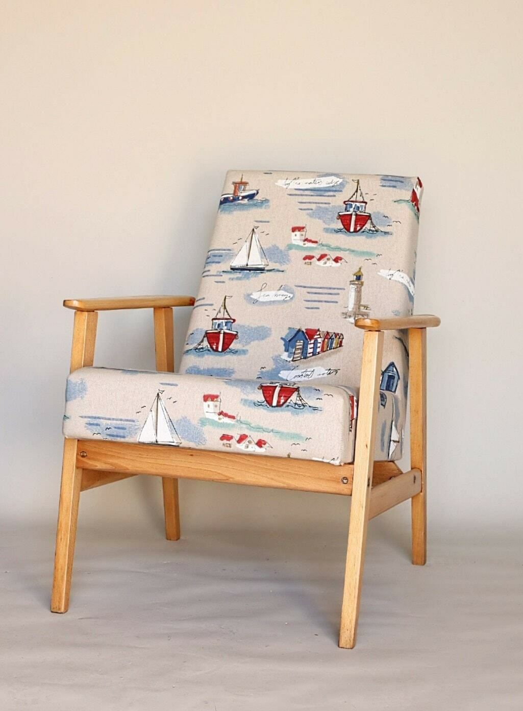Modern Vintage Armchair Sea Motion Beige Fabric 1970 Scandinavian Design Seamen Gift photo buy