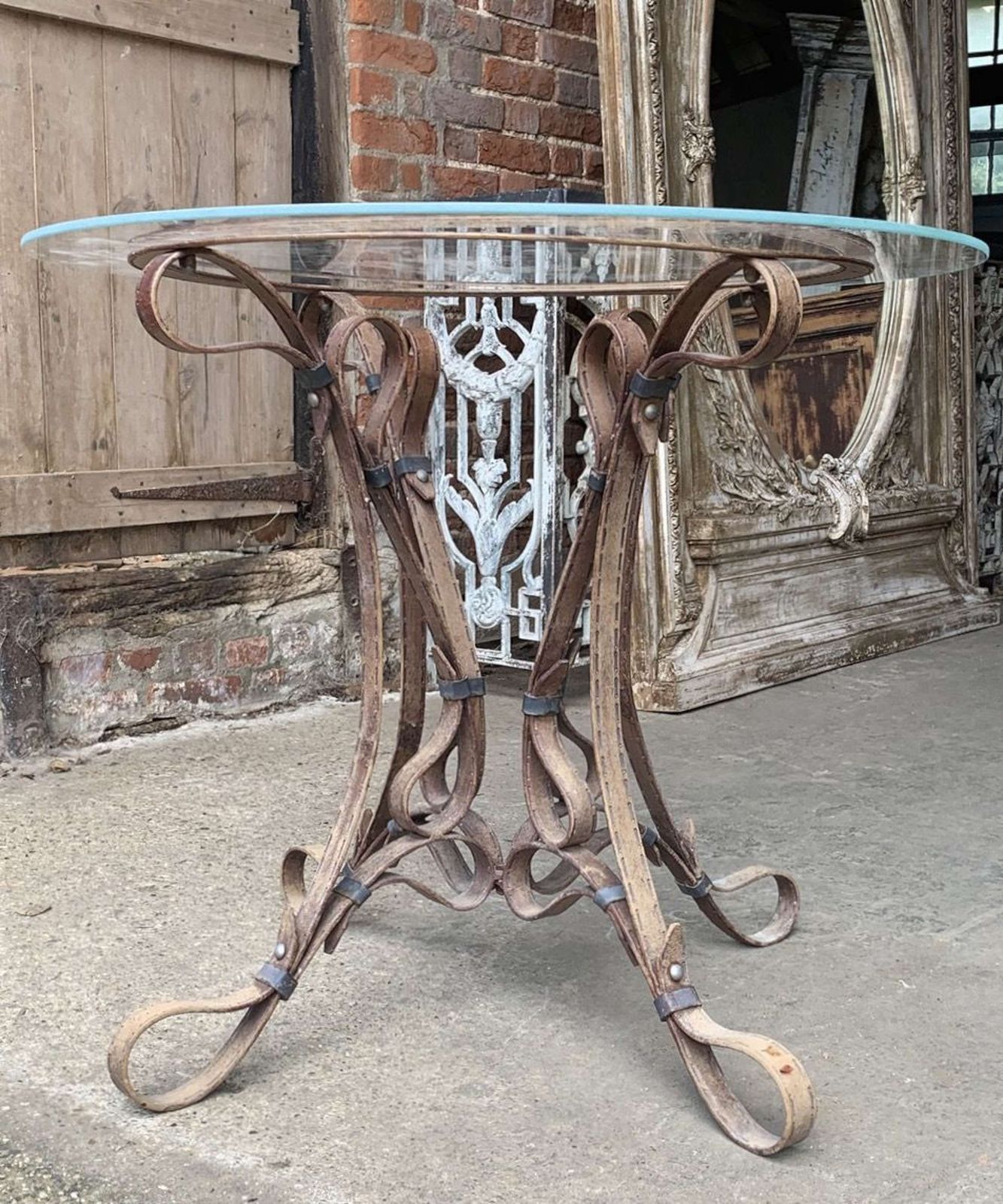 French Mid Century Faux Leather Strap Style Pedestal Table photo for sale