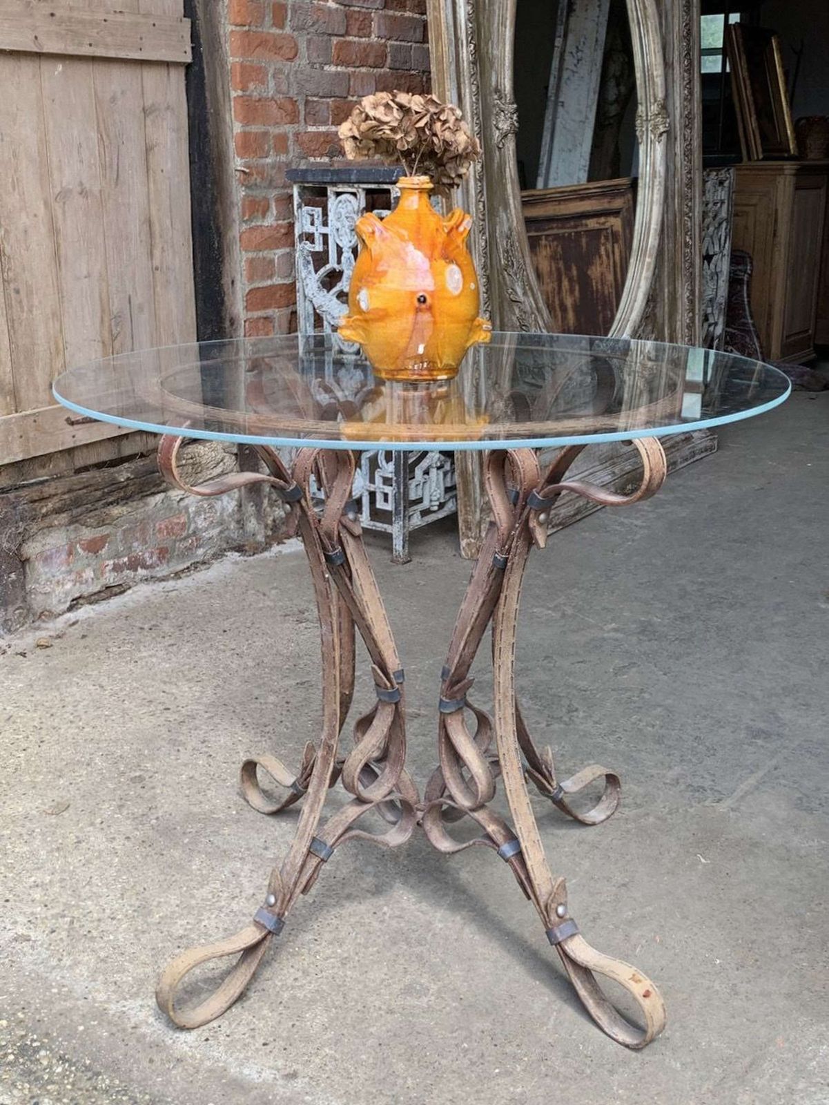 French Mid Century Faux Leather Strap Style Pedestal Table photo Furniture