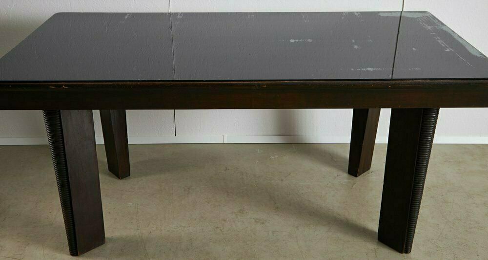 Large Robust Dining Table With Carved Legs And Glass Top photo for sale