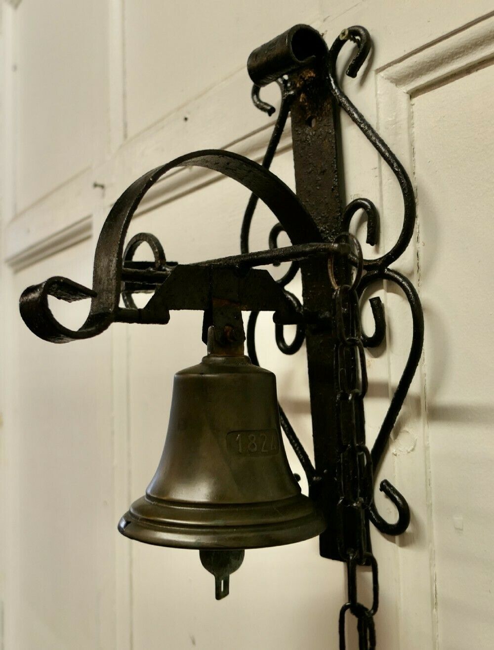 19th Century Black Wrought Iron Alpine Front Door Bell photo 660.0