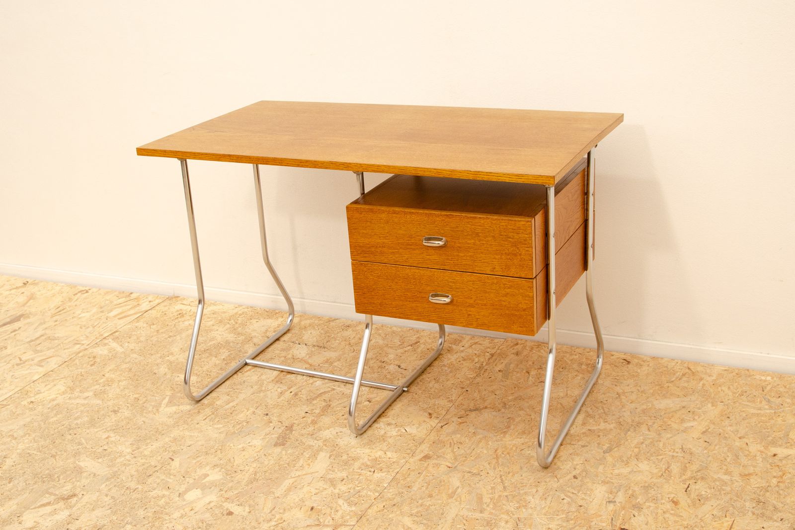 Czechoslovak Modernist Chrome And Wood Writing Desk, 1950´S, Europe photo vintage