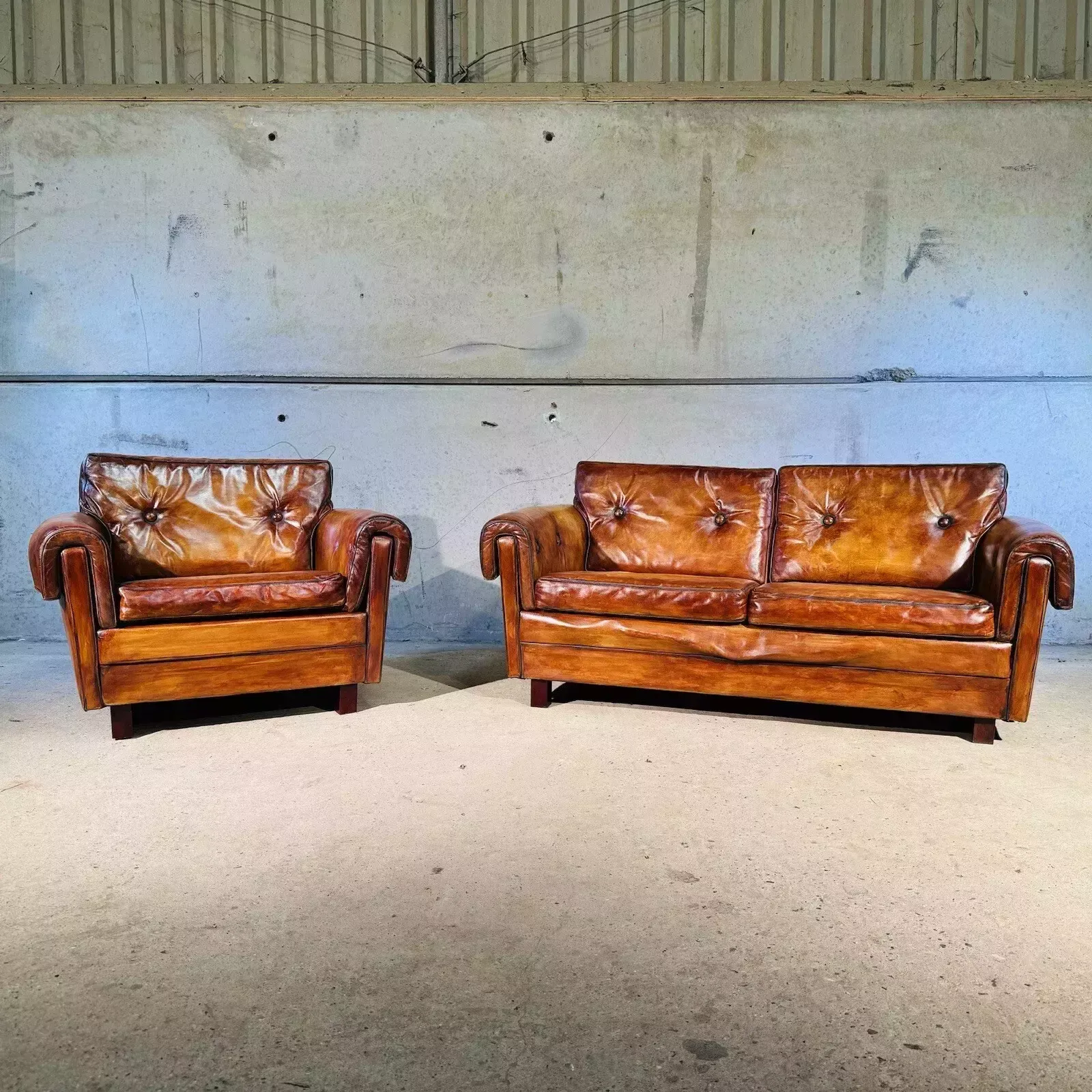 Vintage 1970s Danish Svend Skippers Leather Sofa Two Seater And Chair Set