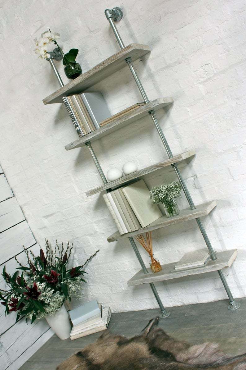 Robyn Adjustable Reclaimed White Washed Scaffolding Boards And Galvanised Steel Pipe Shelves/Bookcase photo furniture