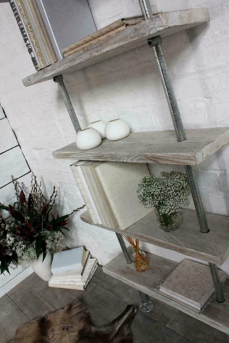 Robyn Adjustable Reclaimed White Washed Scaffolding Boards And Galvanised Steel Pipe Shelves/Bookcase photo buy