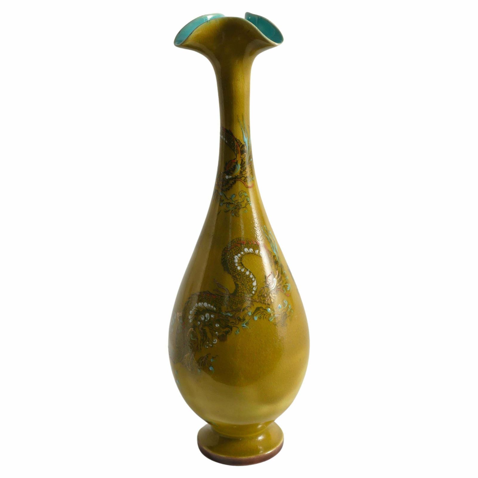 Chinoiserie Ochre Yellow Dragon Vase By Lambeth Doulton Faience, England 1880s photo furniture