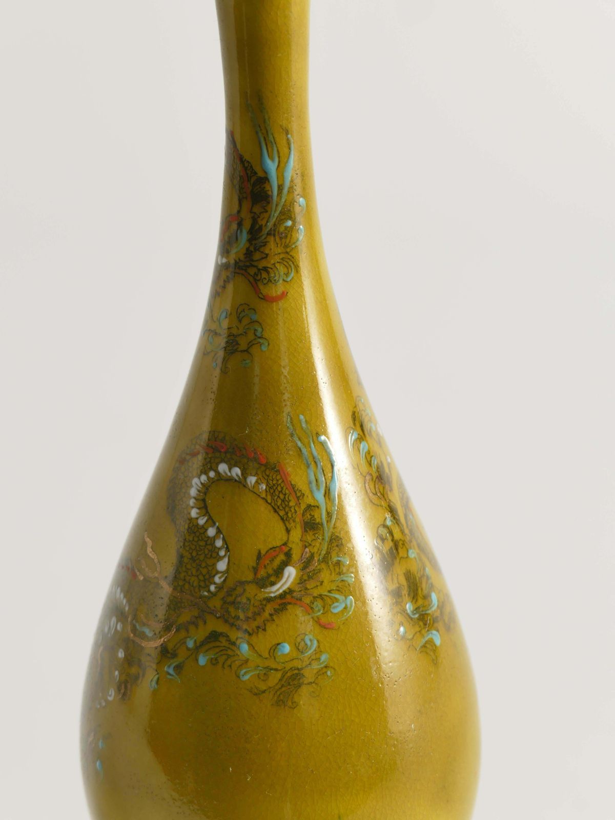 Chinoiserie Ochre Yellow Dragon Vase By Lambeth Doulton Faience, England 1880s photo vintage