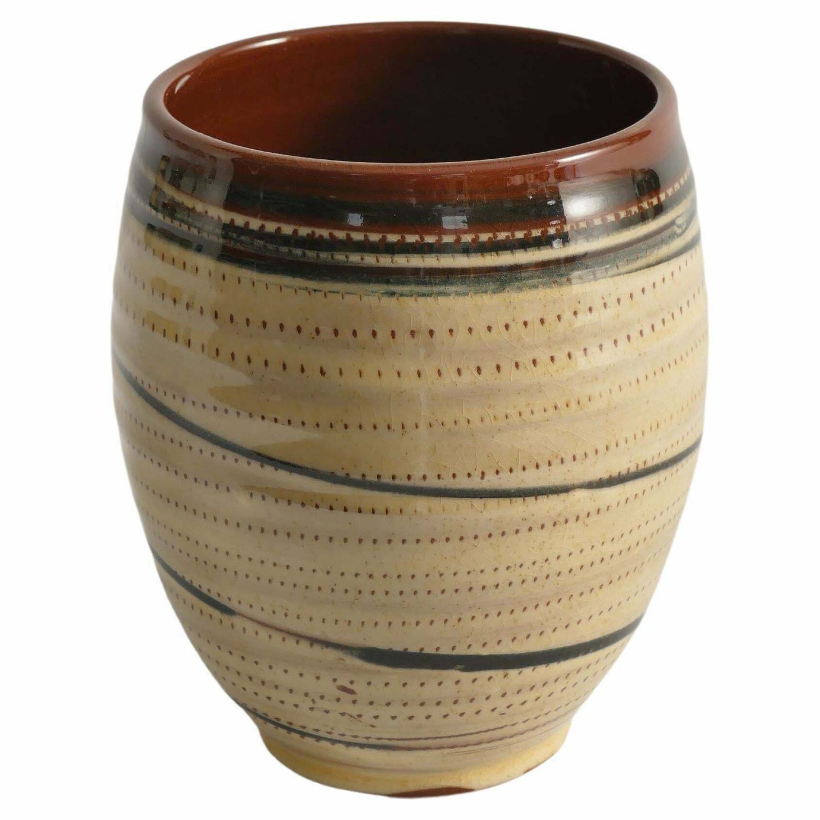 Hand Painted Earthenware Vase With Creme And Black Graphic Decor, Sweden