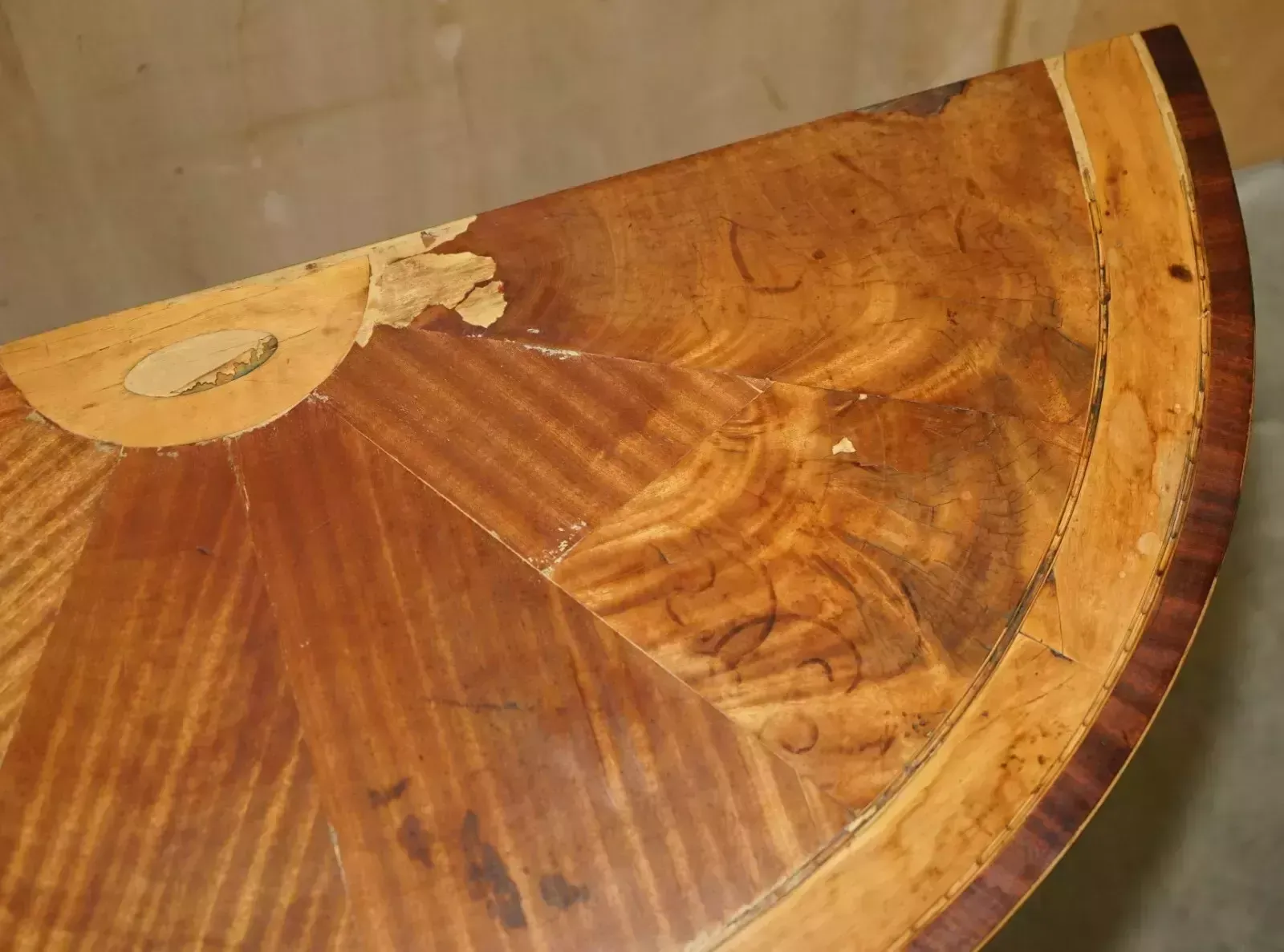 photo for sale Original Distressed Antique Georgian Sheraton Demi Lune Carved Table Leather Top