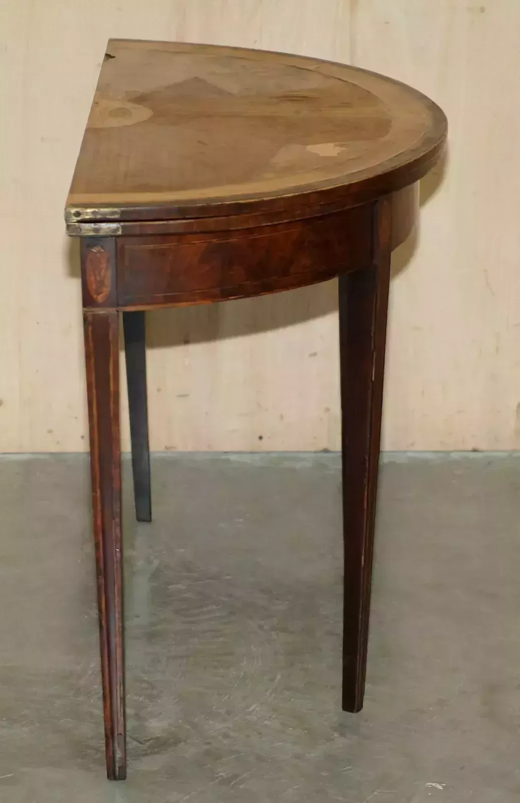 Furniture Original Distressed Antique Georgian Sheraton Demi Lune Carved Table Leather Top photo
