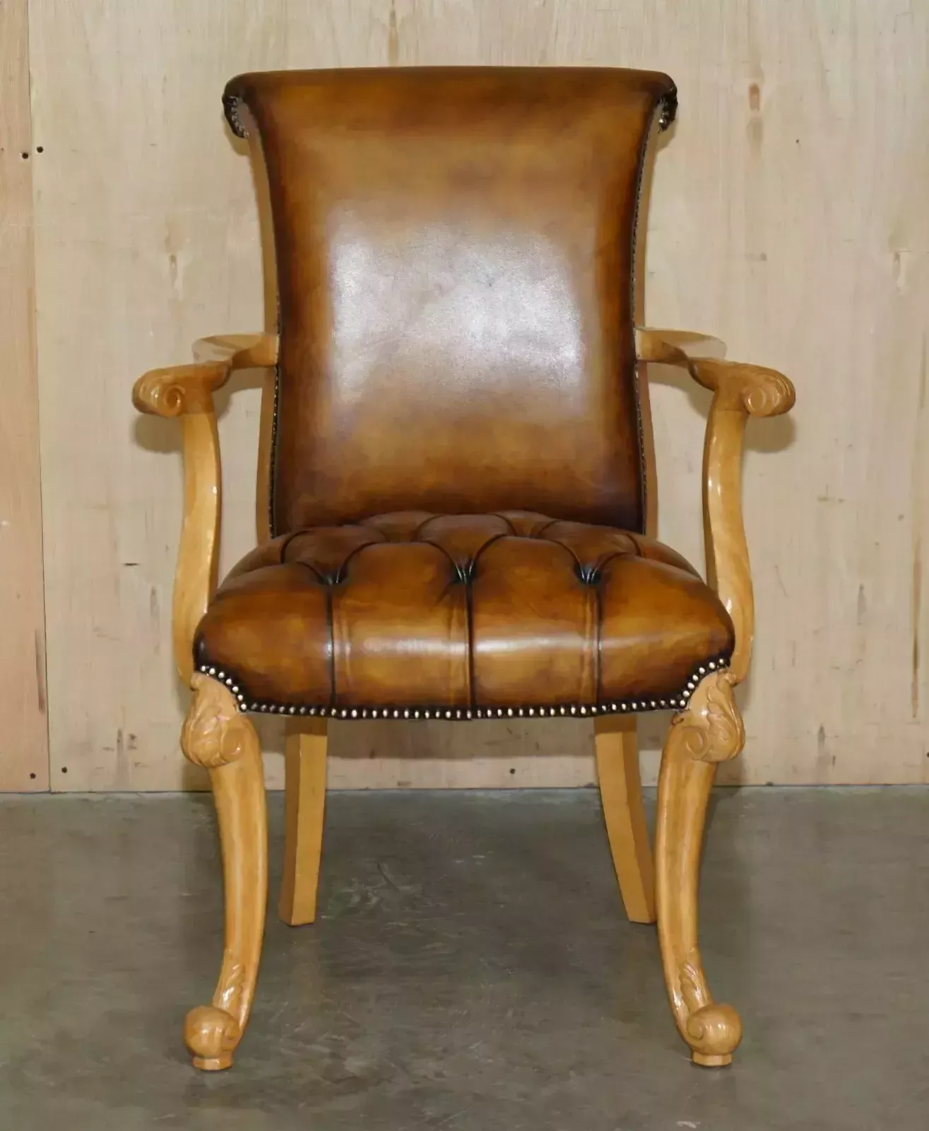 Restored Art Deco 1920's Burr Walnut Brown Leather Chesterfield Office Armchair photo for sale