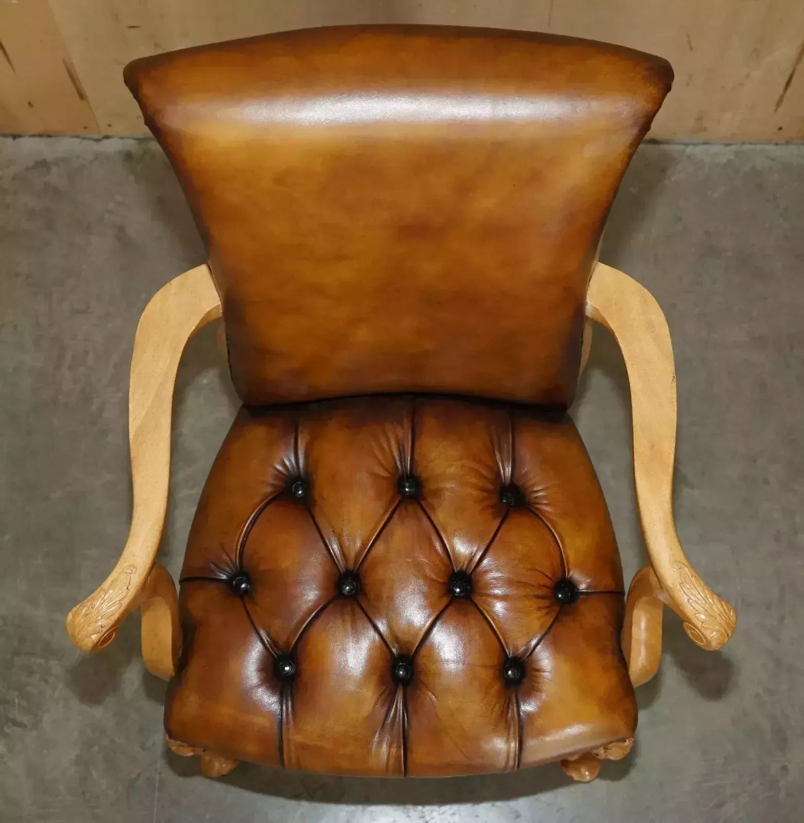 Restored Art Deco 1920's Burr Walnut Brown Leather Chesterfield Office Armchair photo vinterior