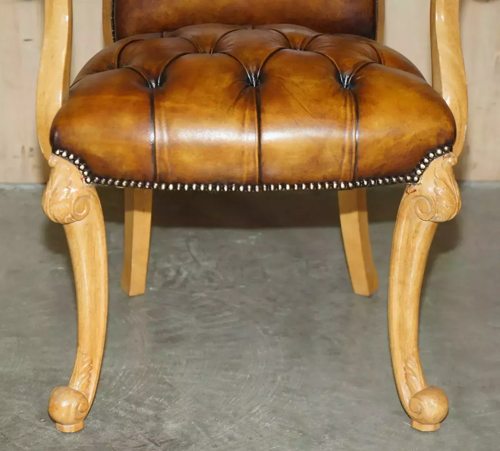 2850.0 Restored Art Deco 1920's Burr Walnut Brown Leather Chesterfield Office Armchair photo