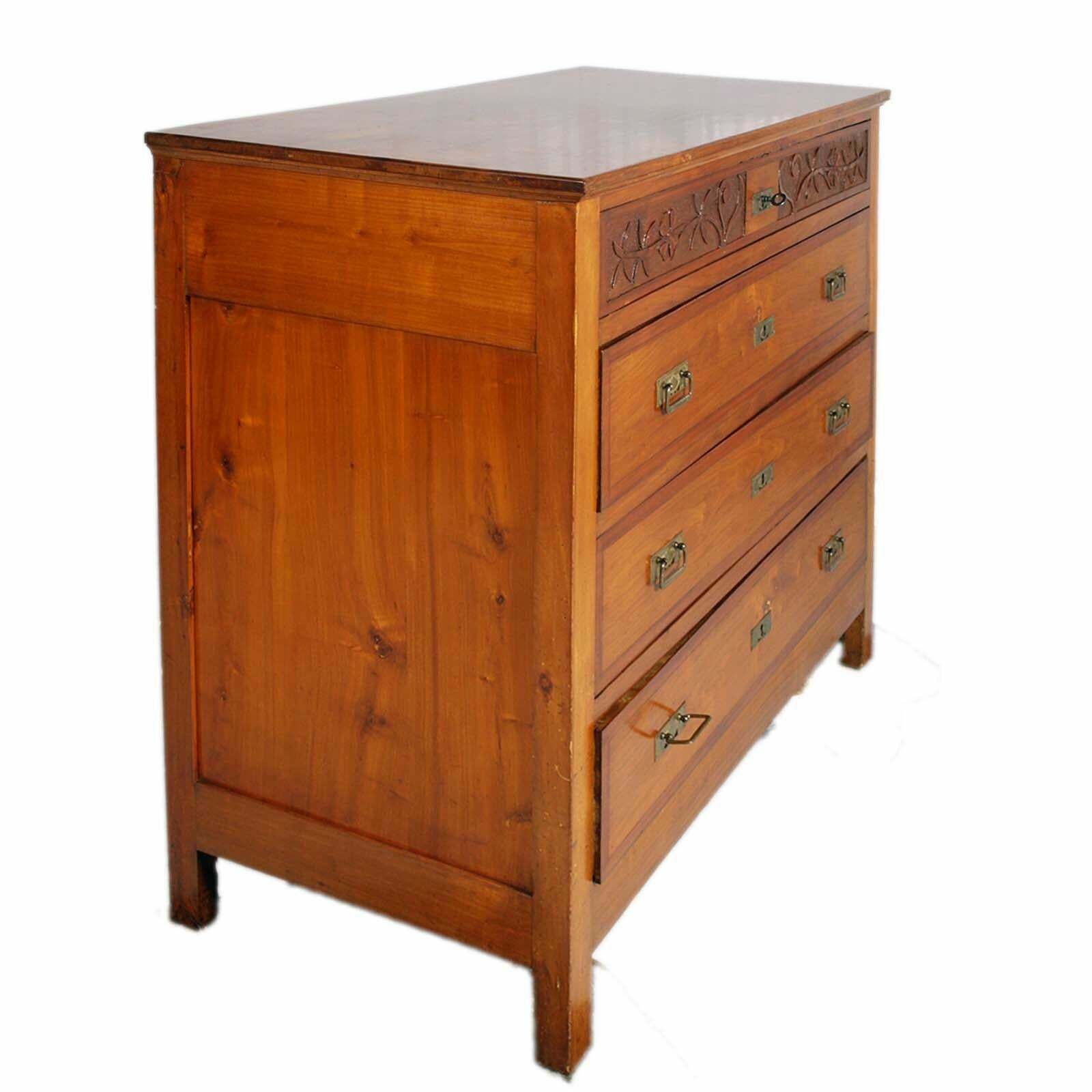 Commode Art Nouveau In Walnut , Four Drawers, Carved, Restored, Wax Polished photo Furniture