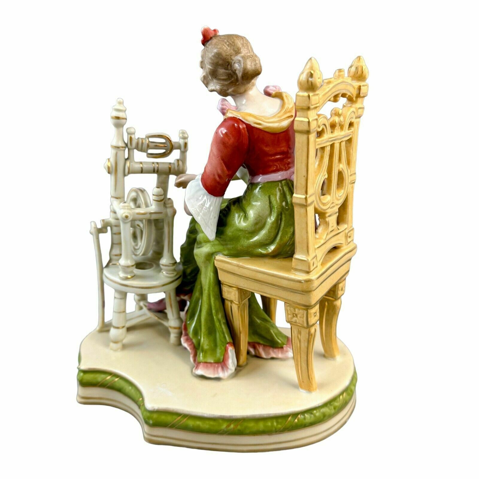 Antique Late 19th Century Sitzendorf Porcelain Figurine, Woman At Spinning Wheel photo for sale