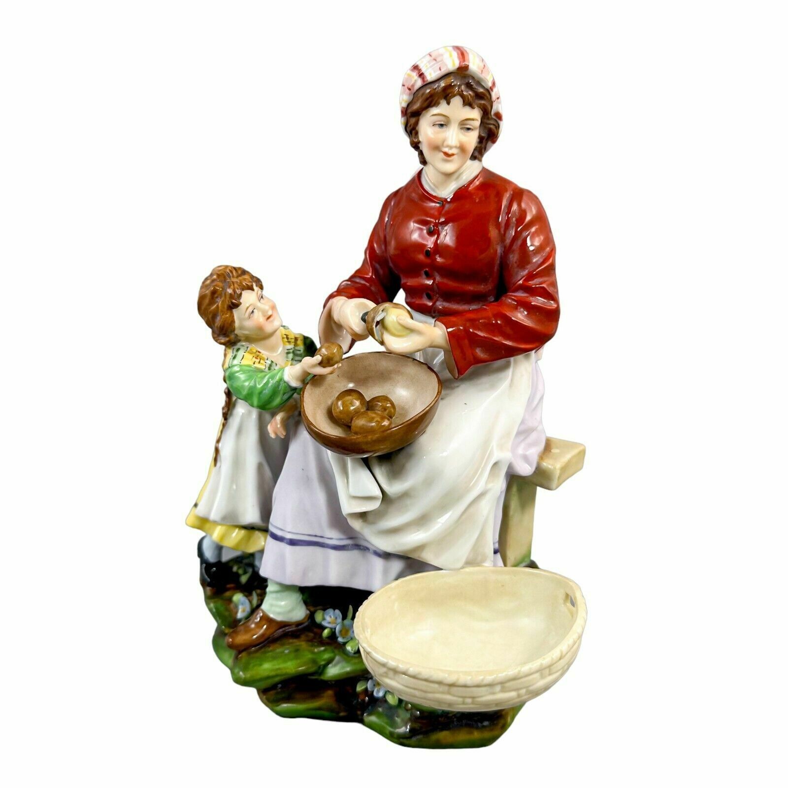 Antique German 1890's Thuringian Porcelain Figurine Of Woman Peeling Potatoes