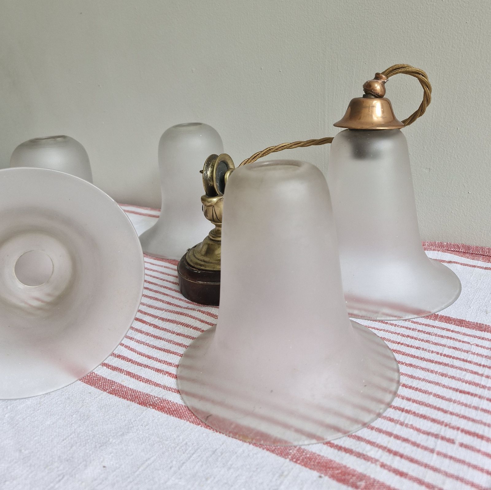 Set Of 5 Vintage Frosted Glass Bell Lampshades photo Lighting