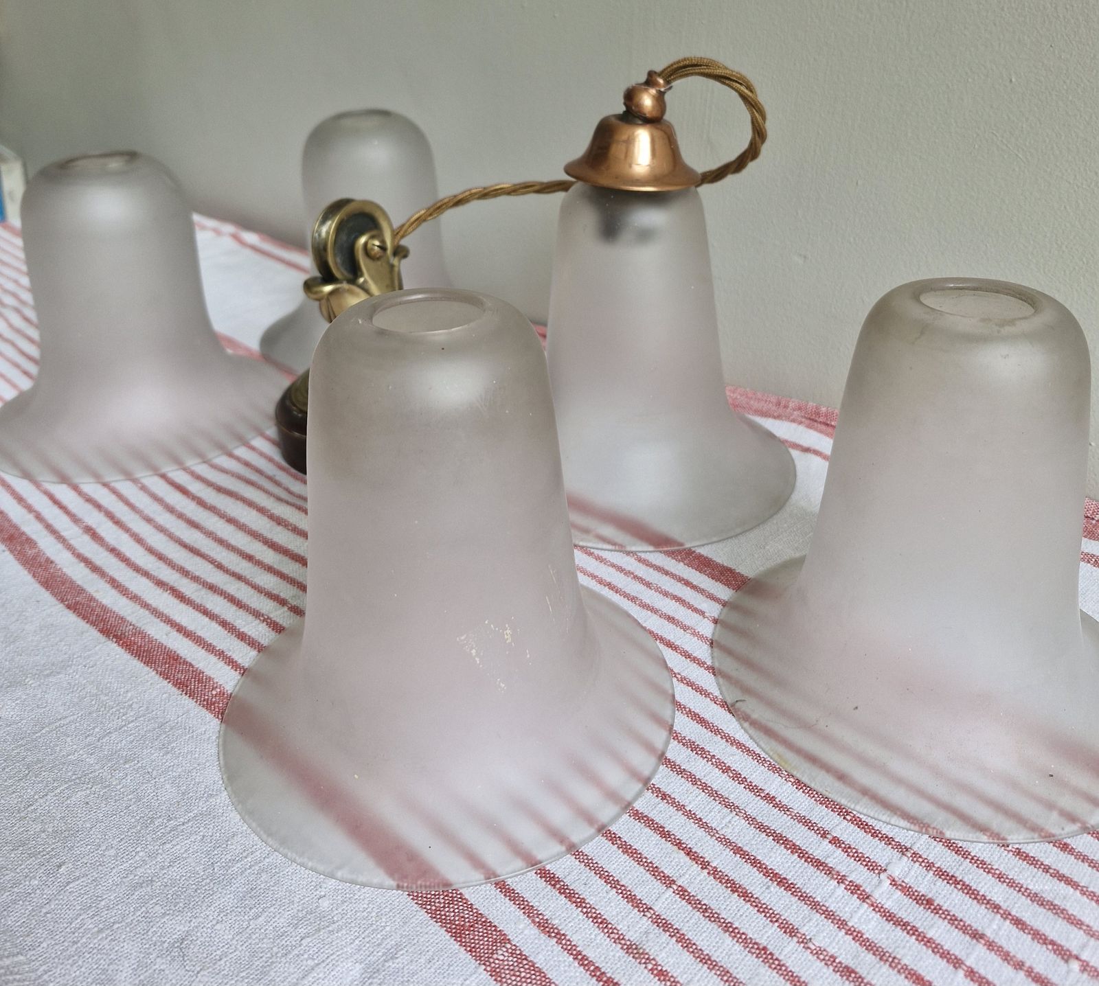 Set Of 5 Vintage Frosted Glass Bell Lampshades photo vinterior