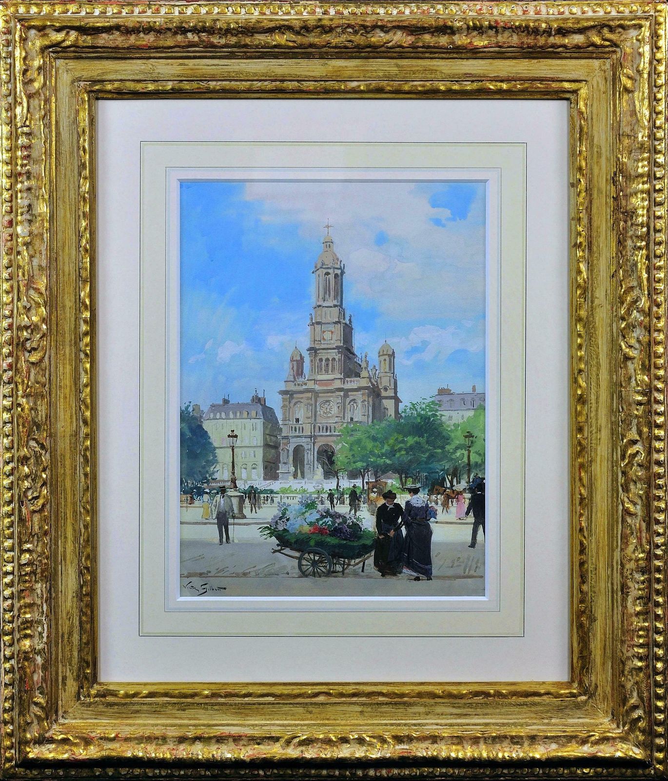 Victor Gabriel Gilbert 1847 To 1933. French. L’ Eglise De La Sainte Trinite, Place De La Trinite, Paris, France. Framed Parisian Cityscape Painting.
