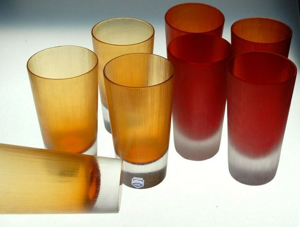 Cenedese, 8 Tumblers Red Or Amber, Incisi Velati Heavy Sommerso Murano Glass photo furniture