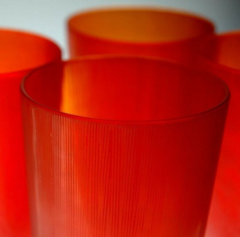 photo buy Cenedese, 8 Tumblers Red Or Amber, Incisi Velati Heavy Sommerso Murano Glass